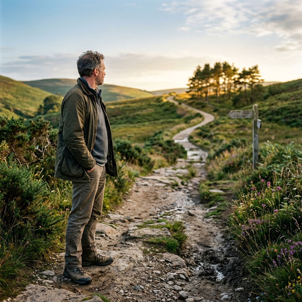 Hiker standing on a rocky trail through green hills