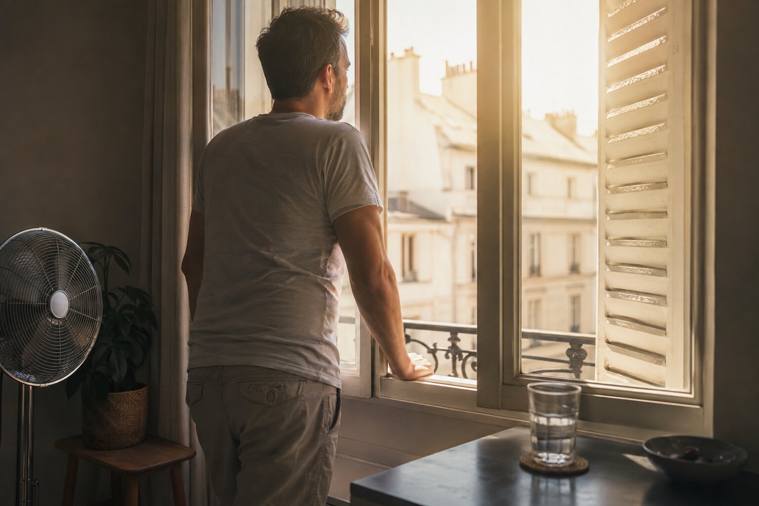 Un homme debout près d’une fenêtre pendant une forte chaleur, avec un ventilateur et un verre d’eau